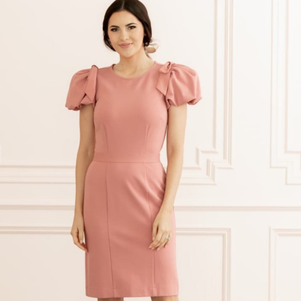 RACHEL PARCELL BOW SHOULDER DETAIL SHEATH DRESS